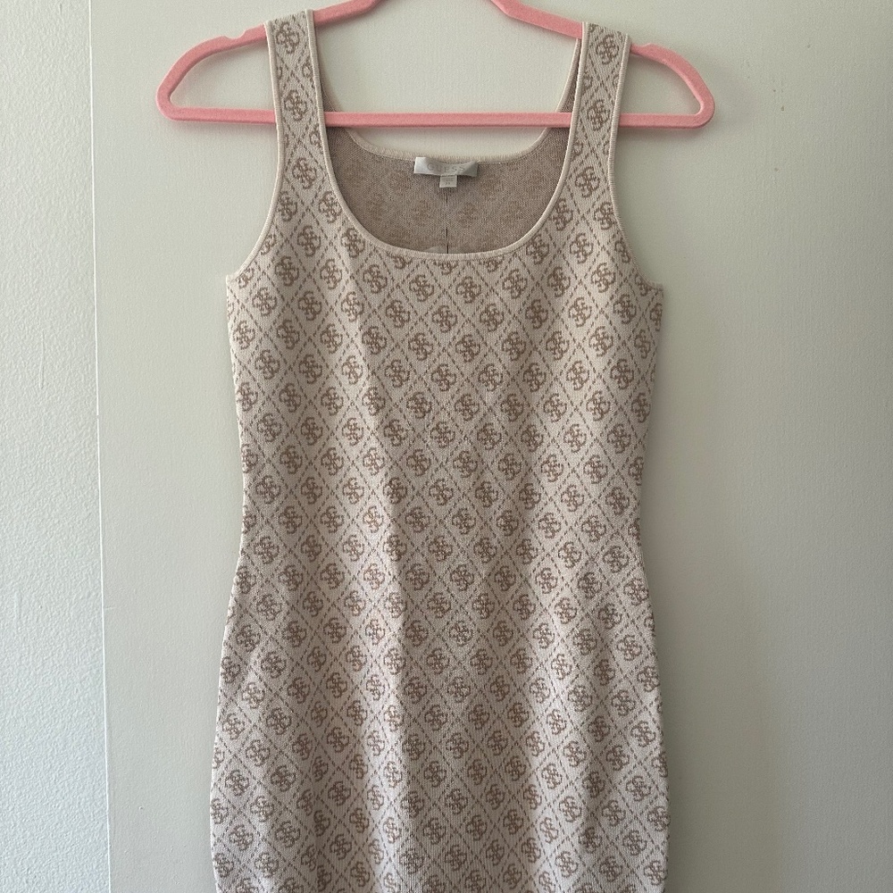 NWT! GUESS? Cream & Coffee Logomania Sleeveless Pencil Dress Size XS